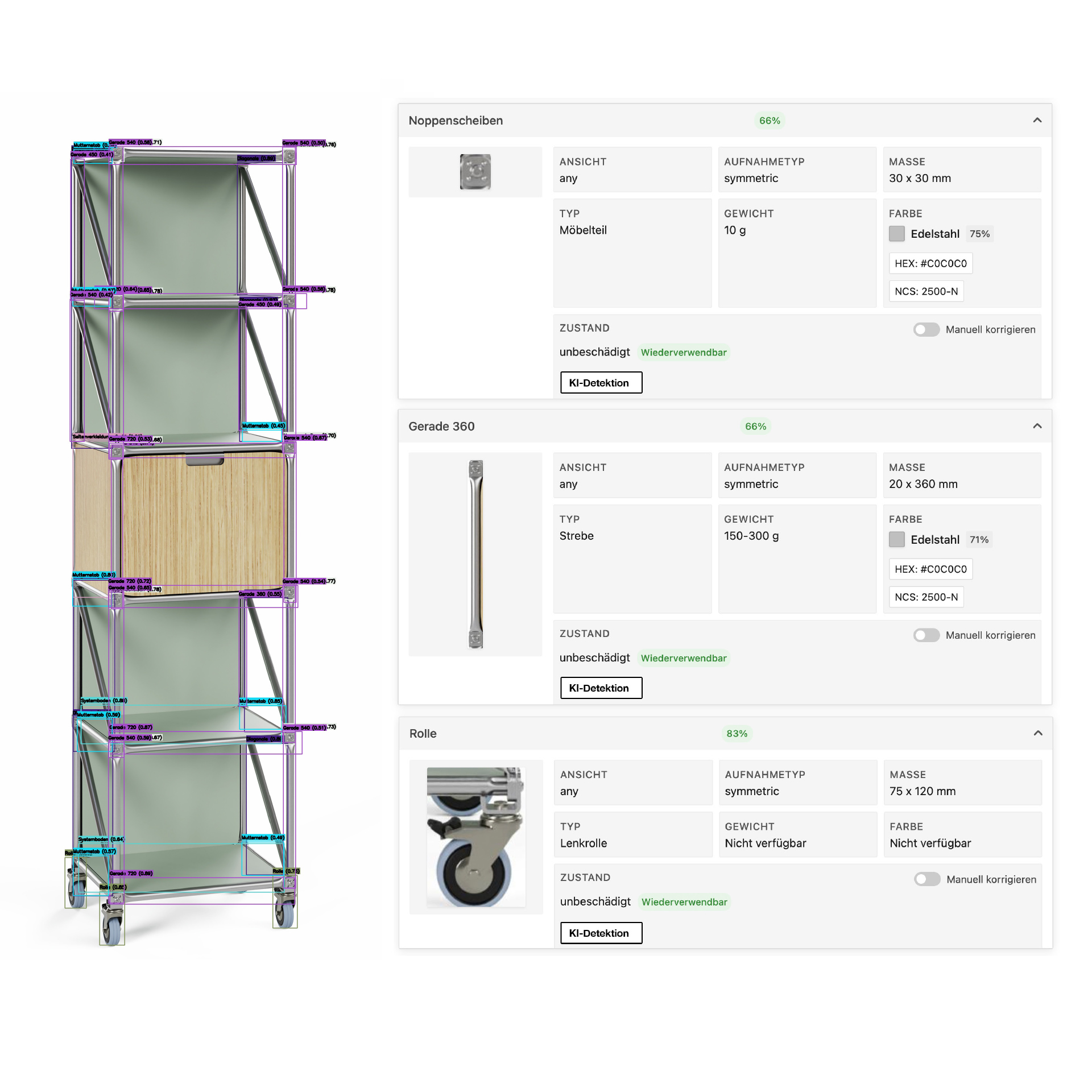 Erkanntes Regal mit markierten Bauteilen und den Angaben im Digitalen Produktpass